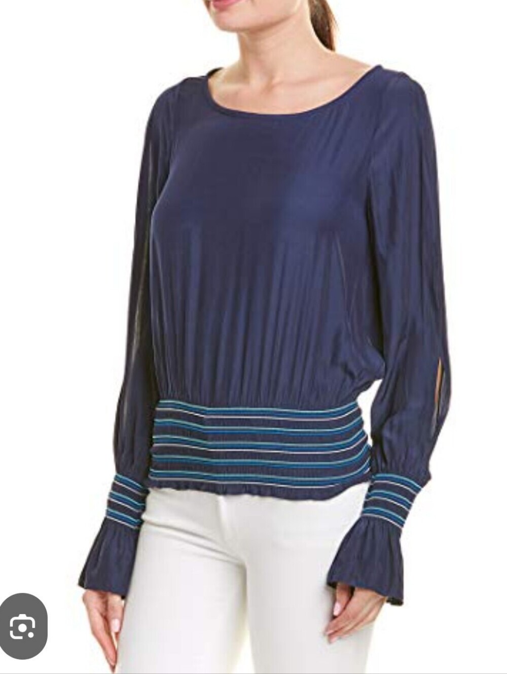 Ramy Brook Navy Long-Sleeve Blouse with Blue Stripe Trim